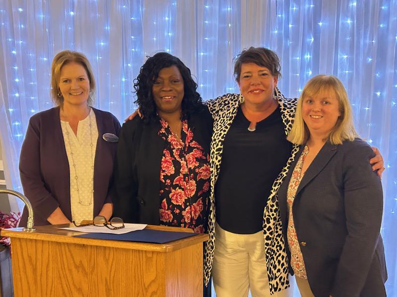 Gathered to celebrate the DLLG Clerk of the Year are (l-r) Delaware Municipal Clerks Association President Stephanie Colbourne, Milton town clerk; Vice President Katrina White, Milford city clerk; 2024 Municipal Clerk of the Year honoree Kimberly Layton, Delmar (DE) town clerk; and Past President Tracy Torbert, Sussex County Council clerk. In addition to her award, Layton also received Delaware Senate and House of Representatives tributes.